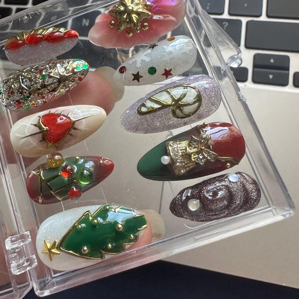 Press On Nails Christmas Nails Ballet Style Handmade Green Diamonds Medium Almond Art DIY Nails