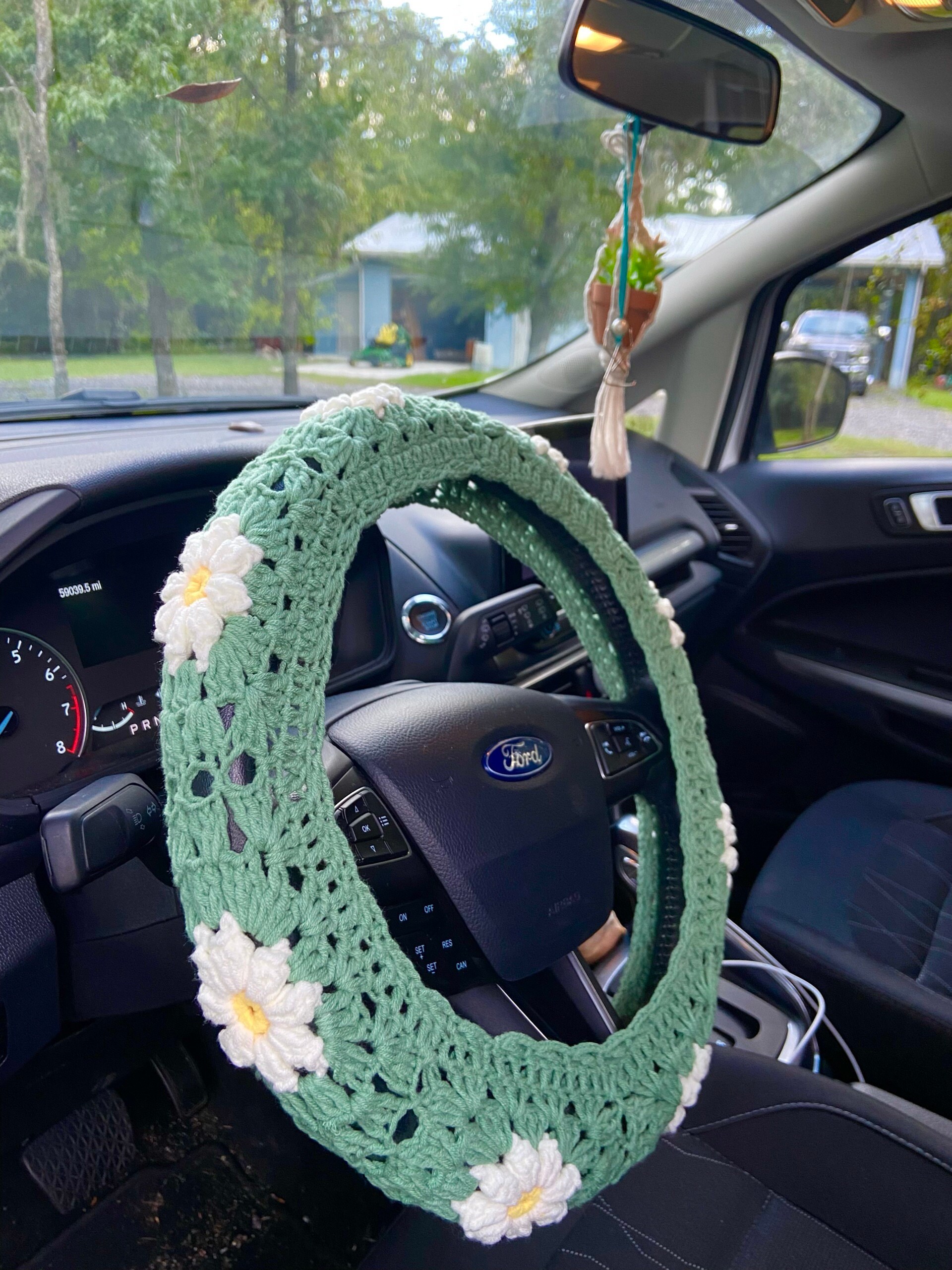 Handgemachte gehäkelte Lenkradhülle für Frauen, süße Daisy Blumen Sicherheitsgurthülle, Auto Interieur Accessoires Dekoration