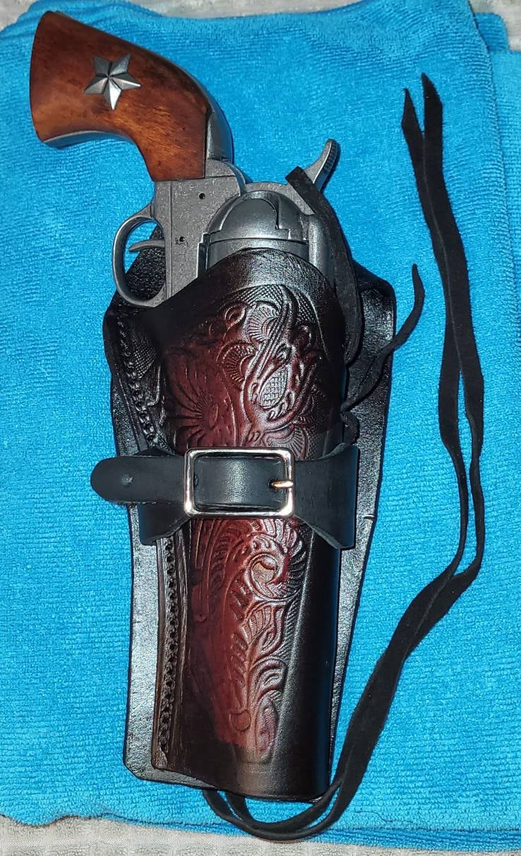 Cowboy Western Leather Cross Draw Fast Draw Holster Fits Colt SAA 1873 Uberti Cimarron Pietta Ruger Vaquero w Floral Scroll
