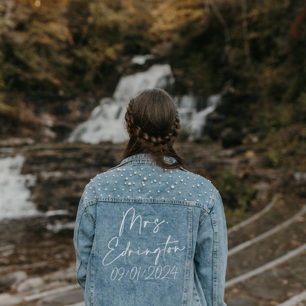 Custom Pearl Denim Jacket Mrs, Customized Jean Jacket, Bridal Party ...
