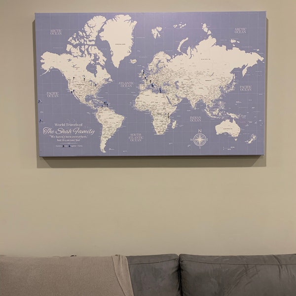 Slate Blue Push Pin Travel Map World, Custom Push Pin World Map, Canvas ...