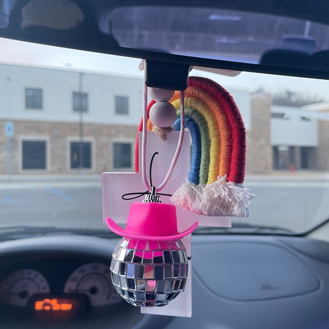 Butterfly Pink Cowgirl Hat Disco Ball Car Hanging Rear View Mirror Accessory  L Cowboy Disco Ball and Pink Hat L Trendy Car Accessories 