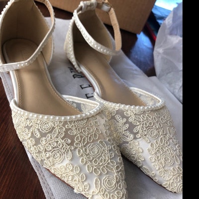 White Crochet Lace Pointy Toe Flats With MINI PEARLS, Women Wedding ...