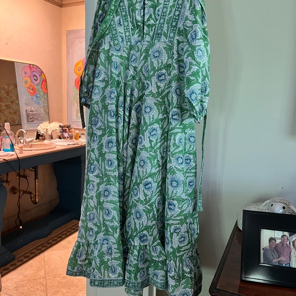 Petal Printed Long Dress With Short Sleeves Teal