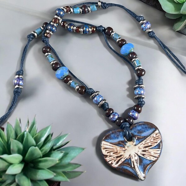 Image showcasing Set of Ceramic Pendants, 4 Artisan Pendants of Porcelain, Boho Necklace ...