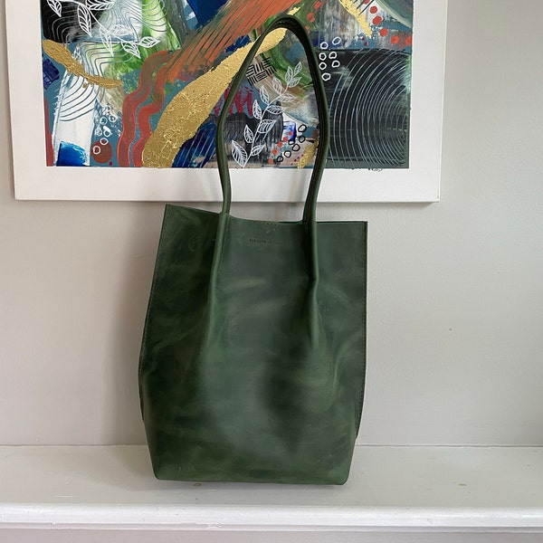 Green Leather Tote, Tote Leather Bag, Leather Tote Bag, Small Tote Bag, Woman Shoulder Bag, Gift ...