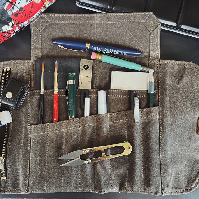 Roll up Mini Pencil Case, Pen Roll, Waxed Canvas and Leather