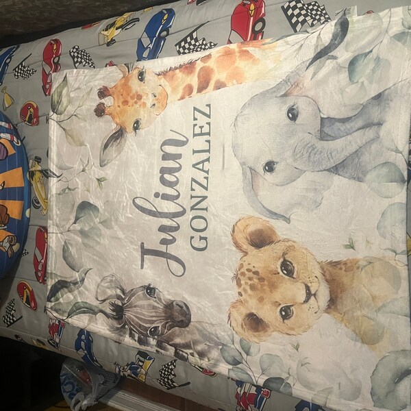 Safari Animals Baby Blanket, Jungle Greenery Personalized Boy Girl Name ...