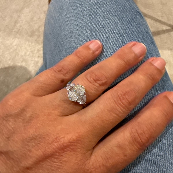 3 CT Oval Engagement Ring With Half Moon Side Stones Two Tone Diamond ...