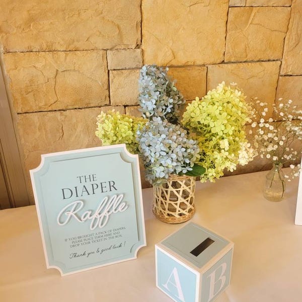 Diaper Raffle Game Kit With Sign and Mini Card Box in Baby Blue & White ...