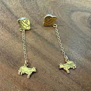 Customer photo, Cow Abduction Stud Earrings