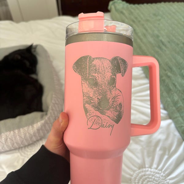 Human And Their Dog Cartoon Christmas Ver Woman - Personalized Custom Pink Leather Tumbler