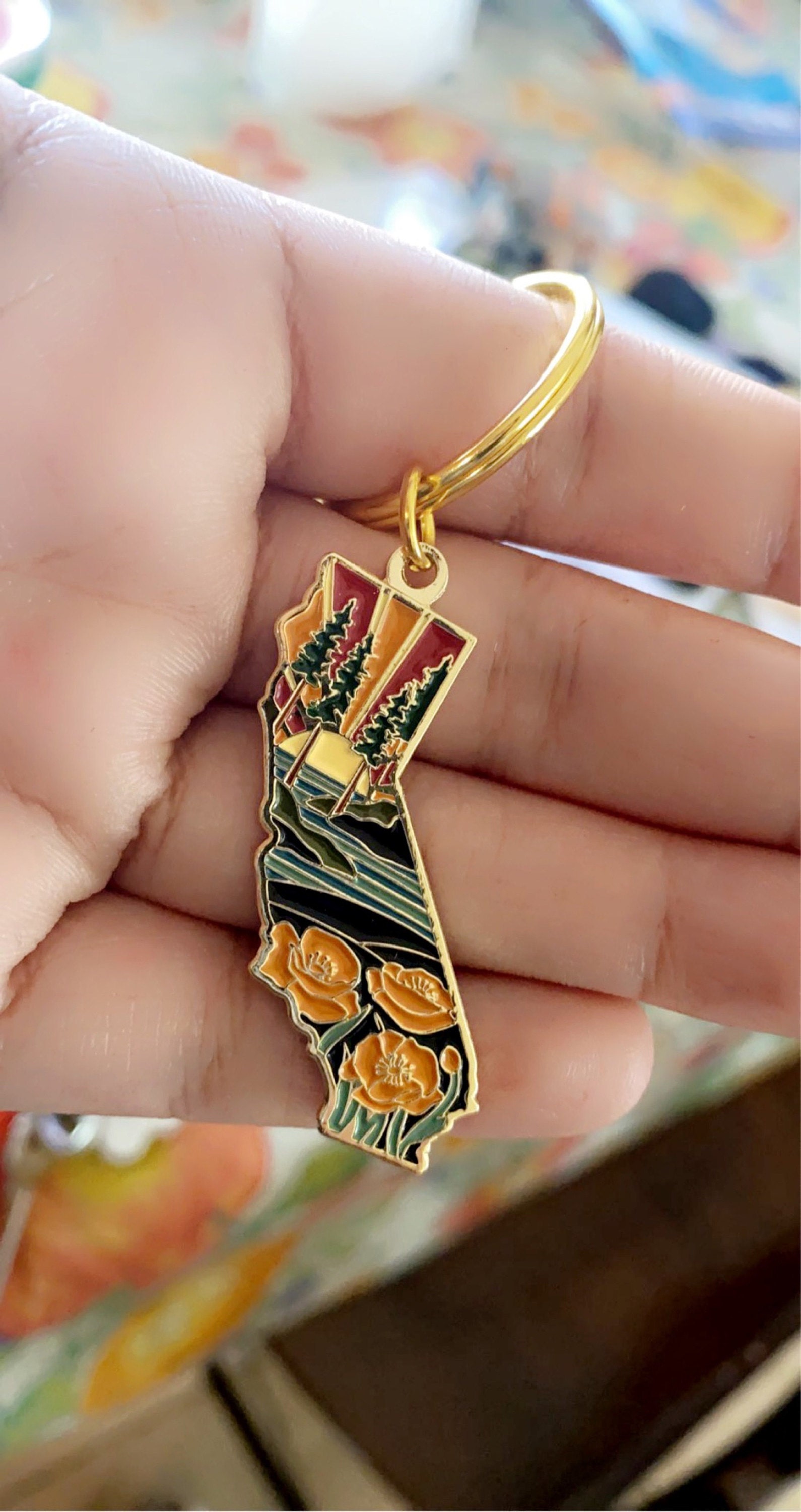 California Poppy Soft Enamel Keychain 1.5&quot; | California Outline Key Ring | Illustrated State Keychain