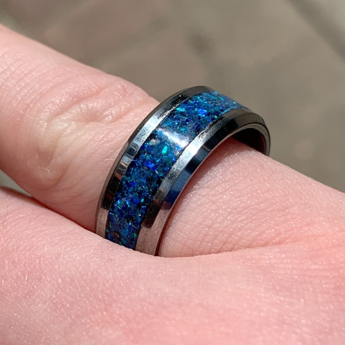 Sale!! mens opal ring. Galaxy opal. Tungsten ring for men. meteorite opal ring. Hammered