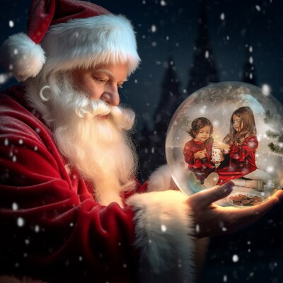 Santa Holding Snow Globe Backdrop, Santa Claus With Crystal Snowglobe
