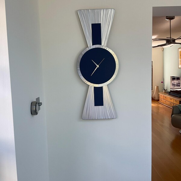 Navy Blue Wall Clock, Metal Wall Art, Abstract Sculpture, Modern Art
