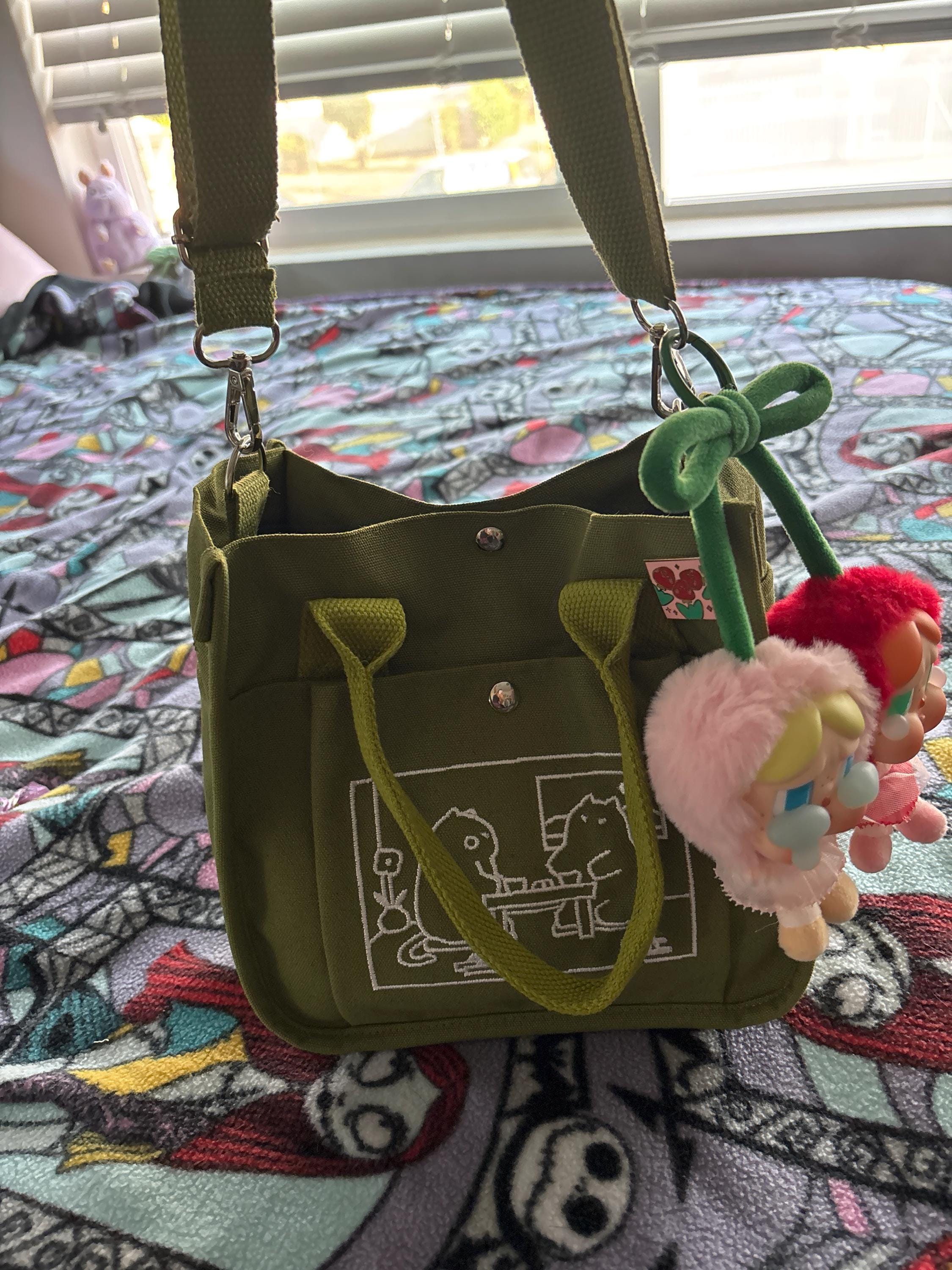 Matcha Canvas Tote Bag，Embroidered Cute Cat Design Totebag, Everyday handbag, Versatile Lunch Bag or Art Supplies Carrier, Kawaii School Bag