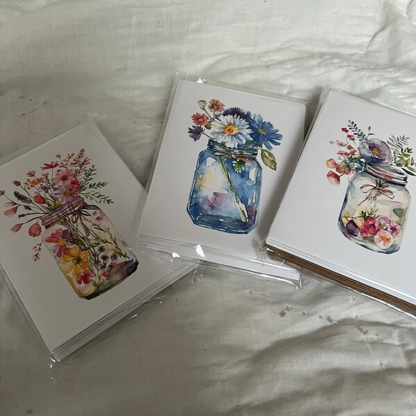 Spring Flowers Card Set . Watercolor . Blue Mason Jar . Note Cards ...
