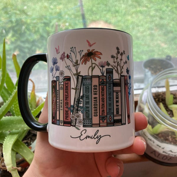 Personalized Floral Books Pottery Mug – Favorite Bookshelf Mug – Custom Tittle & Name Librarian Bookworm Gift for Reader