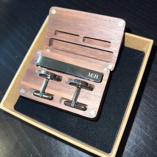 personalised cufflinks and tie clip set