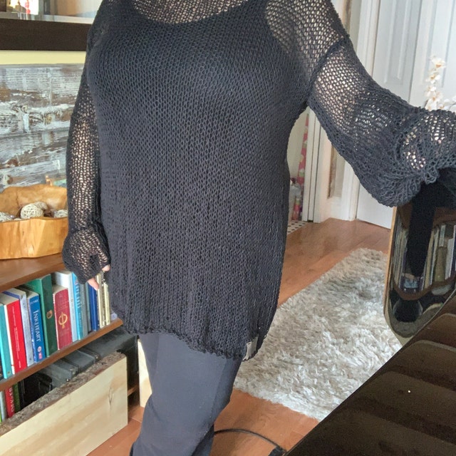 Cotton Mesh Sweater Wth Long Sleeves, Black Loose Knit
