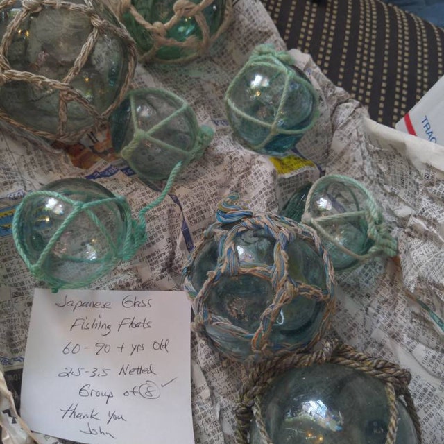 8 Netted Japanese Glass Fishing Floats, 2.5