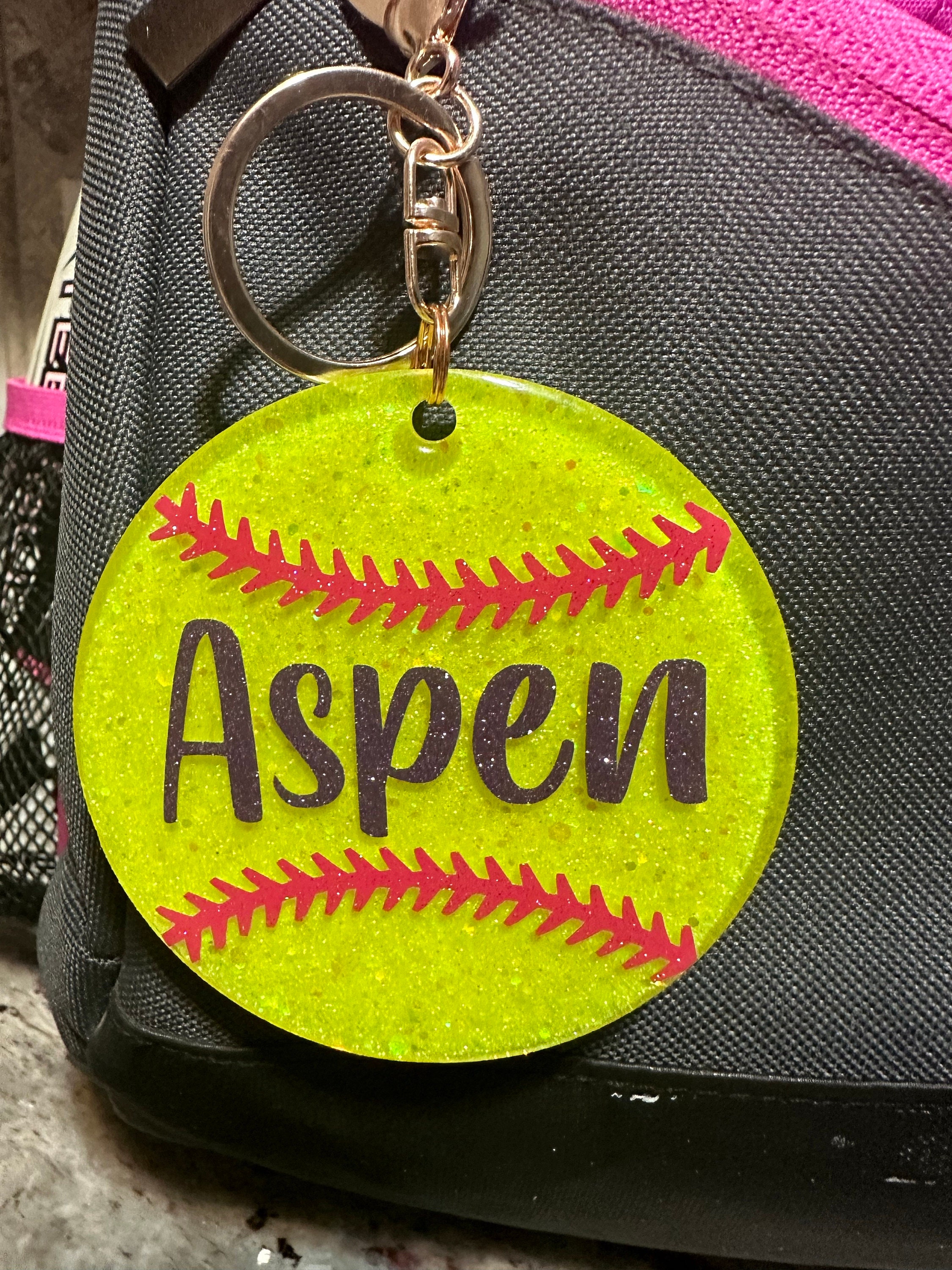 Custom, Glitter Softball Keychain/Bag Tag