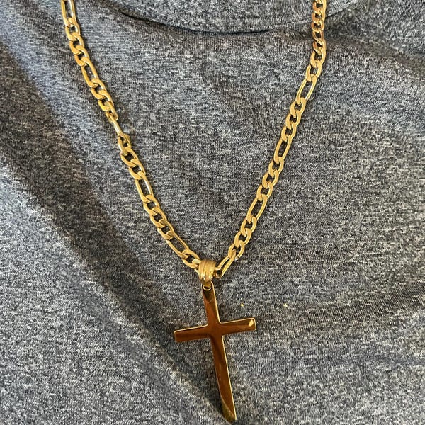 14K Gold Filled Cross Necklace for Men Figaro Chain Stainless Steel Plain Polished Cross Pendant