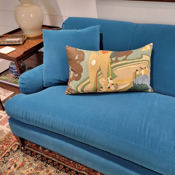 Schumacher Pearl River Linen Pillow in Jade. Designer Tan Aqua Pillow ...