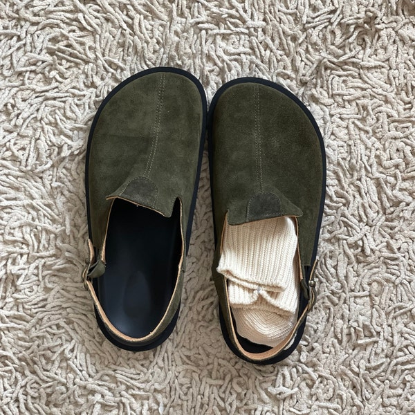 suede slip on clogs