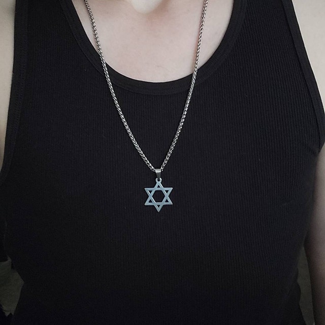 Stainless Steel Men's Star Of David Pendant On Black Shadow Rolo Box Chain Necklace, 22