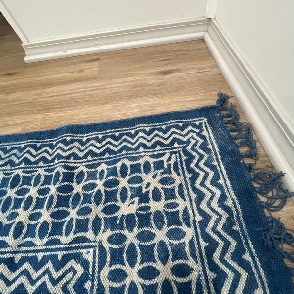 Natural Indigo Hand Block Print Cotton Rug, Indoor Outdoor Rug, Rugs ...