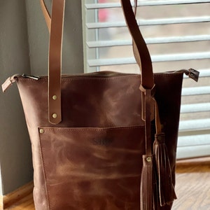 Leather Tote Bag Personalized Tote W Zipper Outside Pocket 