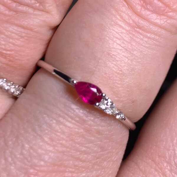 Ruby Ring / 14k Gold Pear Shape Natural Ruby With Pear Shape Diamond ...