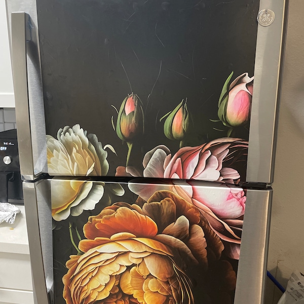 Floral Fridge Wrap Vintage Refrigerator Wrap Vinyl Side by Side Black ...