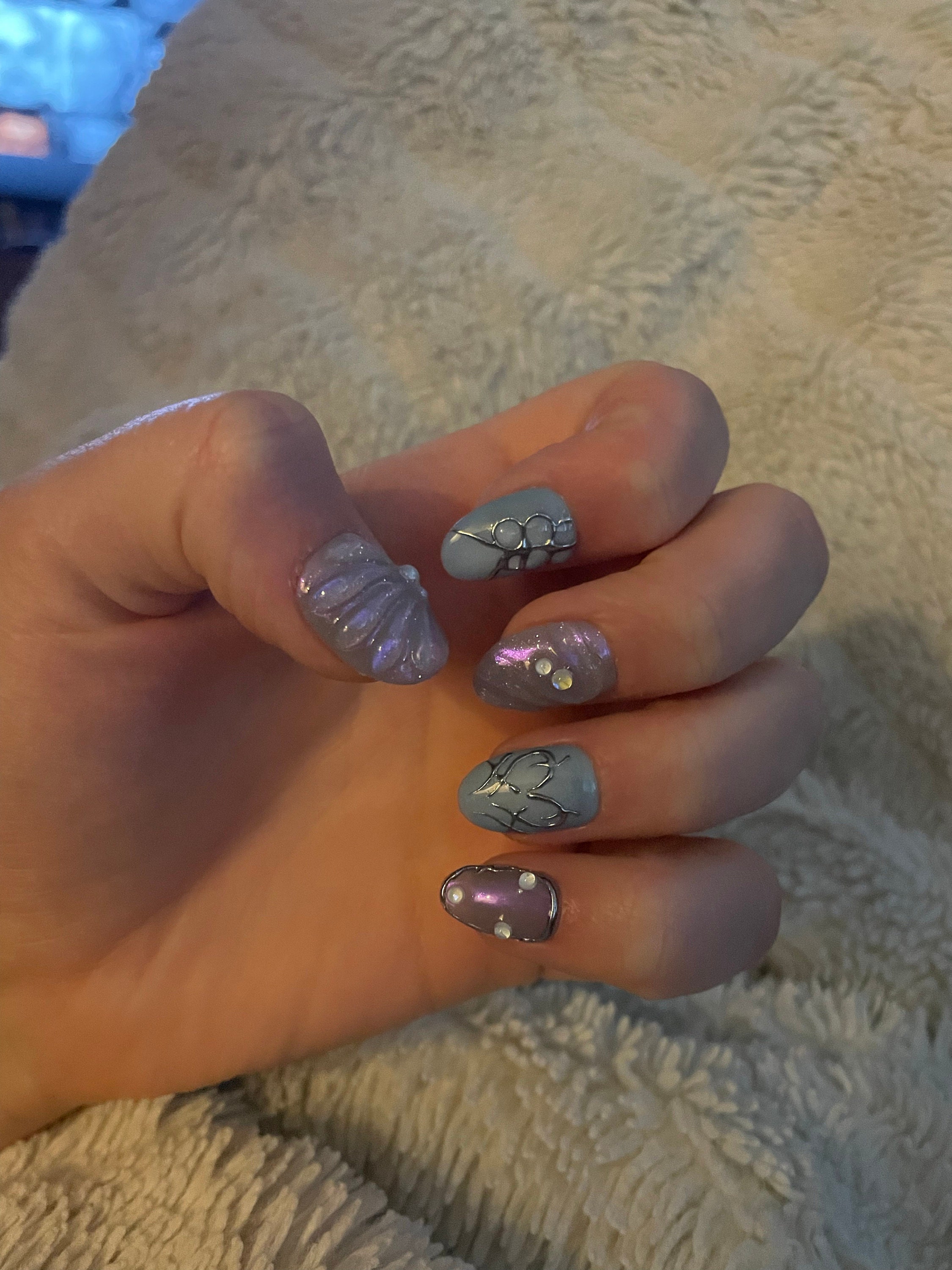 Free Style Blue Mermaid Almond Press On Nails, Handpainted Fake/False Nails, Prom/Event/Birthday Nails, Goth/Gothic/Y2K/Aura Nai