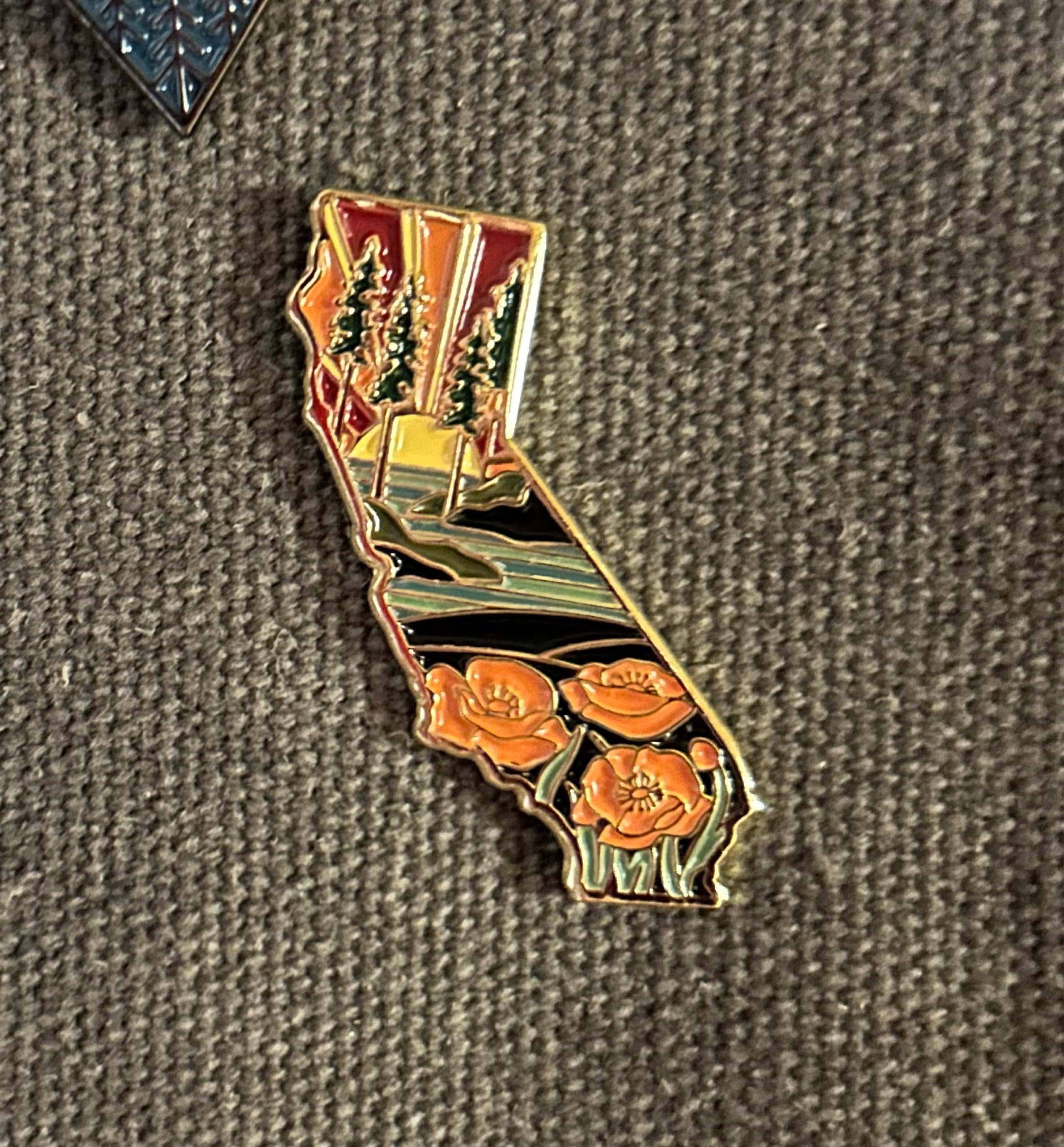 California Poppy Enamel Pin | California Outline Pin | Illustrated State Pin | Butterfly Clasp | 1&quot;