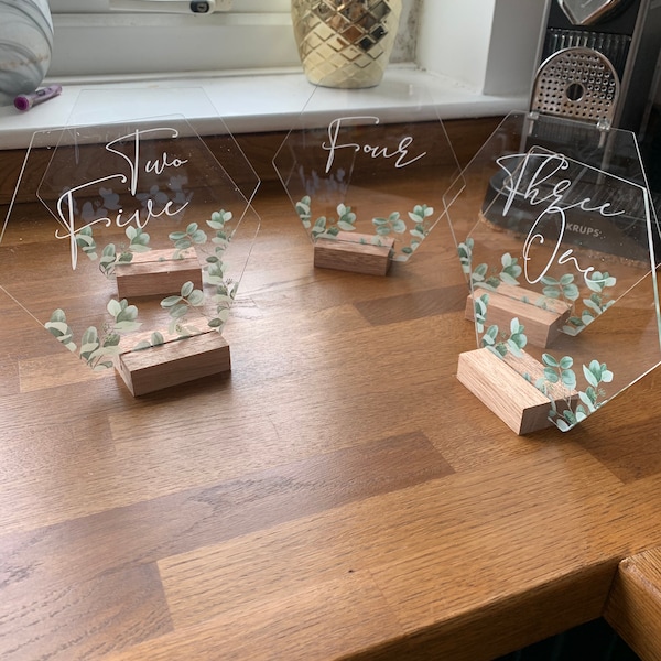 Perspex Table Numbers Personalised Printed Hexagon Perspex Wedding Table Numbers - Eucalyptus ...