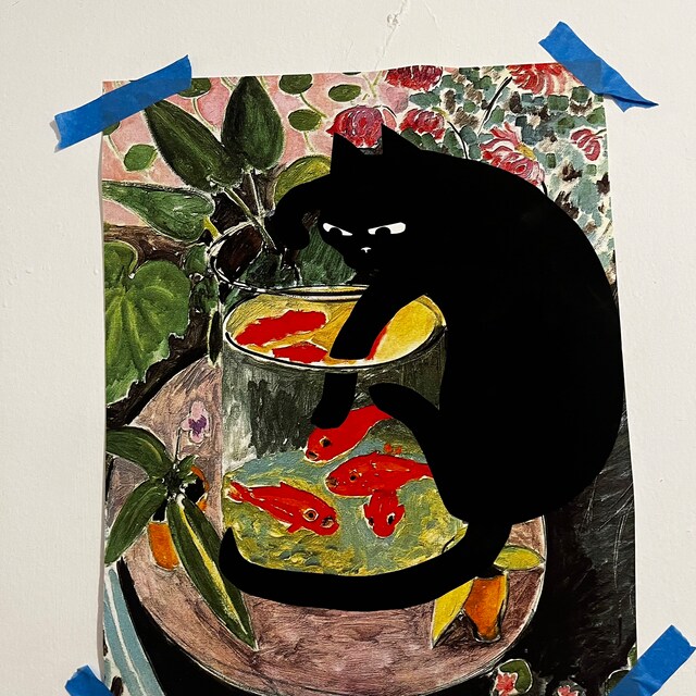 Matisse goldfish with cat, famous paintings with cats, defaced