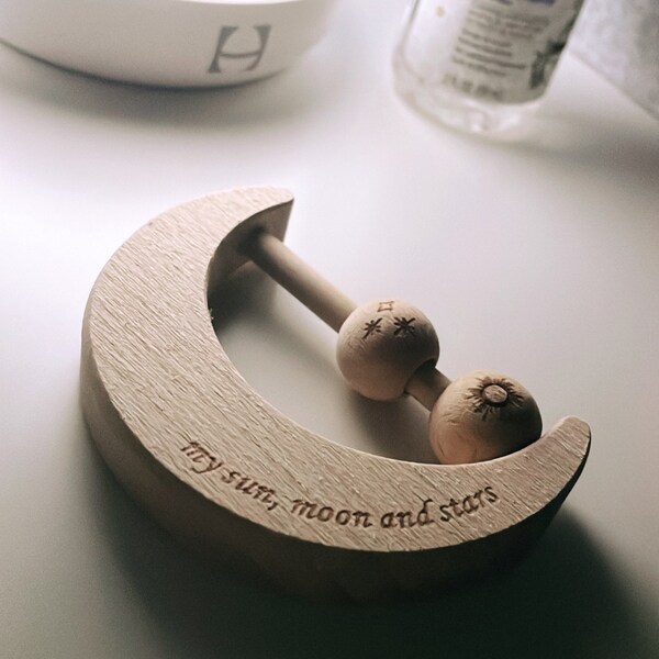 Wooden Moon Rattle Toy | Engraved | Keepsake | Baby Shower Gift ...