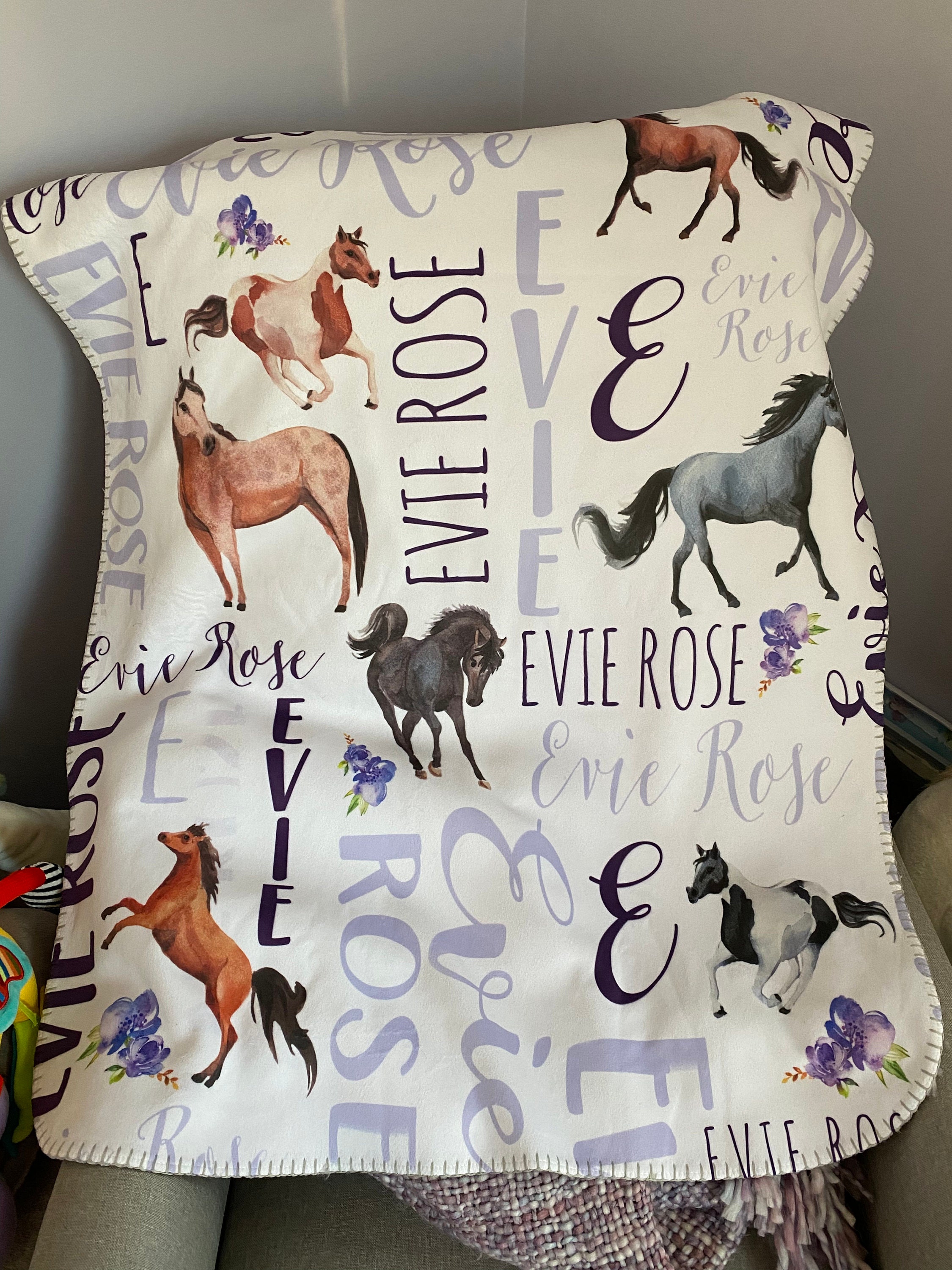 Personalized Horse Baby Blanket - Horse Sherpa Throw Blanket -  Personalized Baby Girl Blanket - Floral Horse Personalized Baby Blanket