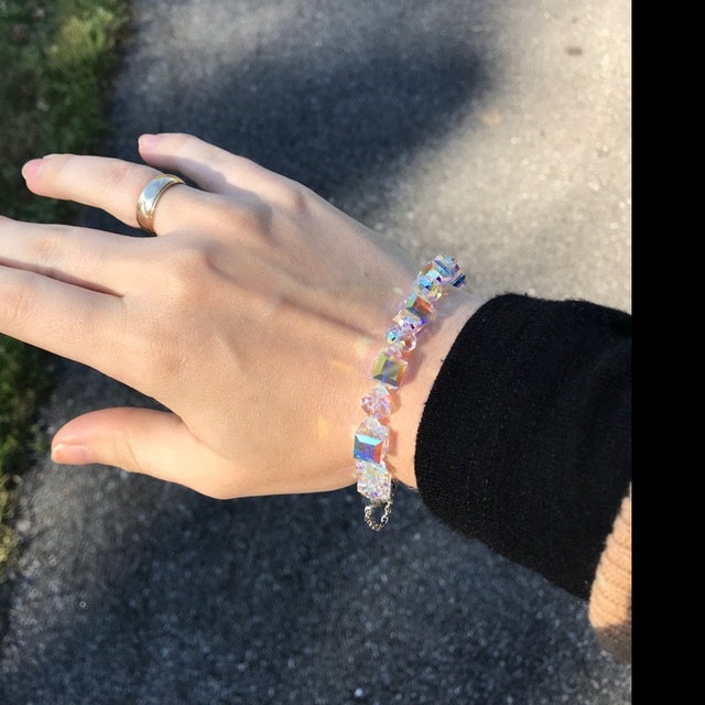 Bracelet Plaqué Argent Avec Cristaux Et Boréalis - Modèle Solitaire Diamant, Occasion Très Bon état