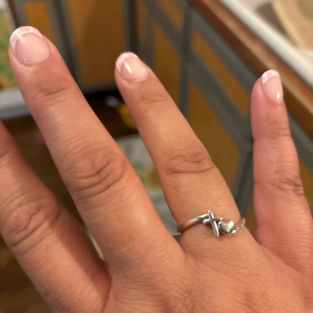 Bypass Style Vertical Cross With Heart Silver Ring
