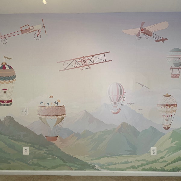 Mountain Kids Wallpaper Hot Air Balloons Wall Mural Peel and Stick Easy ...