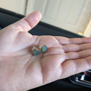 Customer photo from Andrea, Raw Emerald Stud Earrings, May Birthstone Natural Emerald