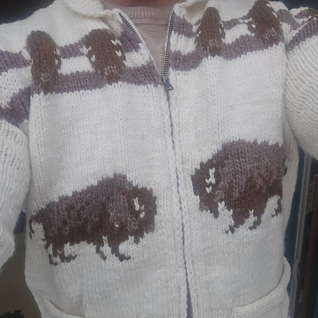Custom Cowichan Sweater, Mary Maxim Buffalo Handmade Cardigan