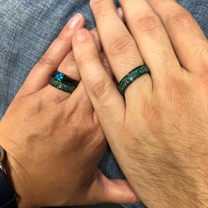 His & Hers Black Opal & Real Meteorite Ring Set - Men's & Women's Wedding Band With Blue Opal