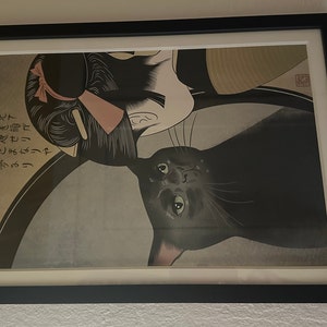 鏡の前でぼんやりしている黒猫 - 浮世絵風ミームアート - 高品質