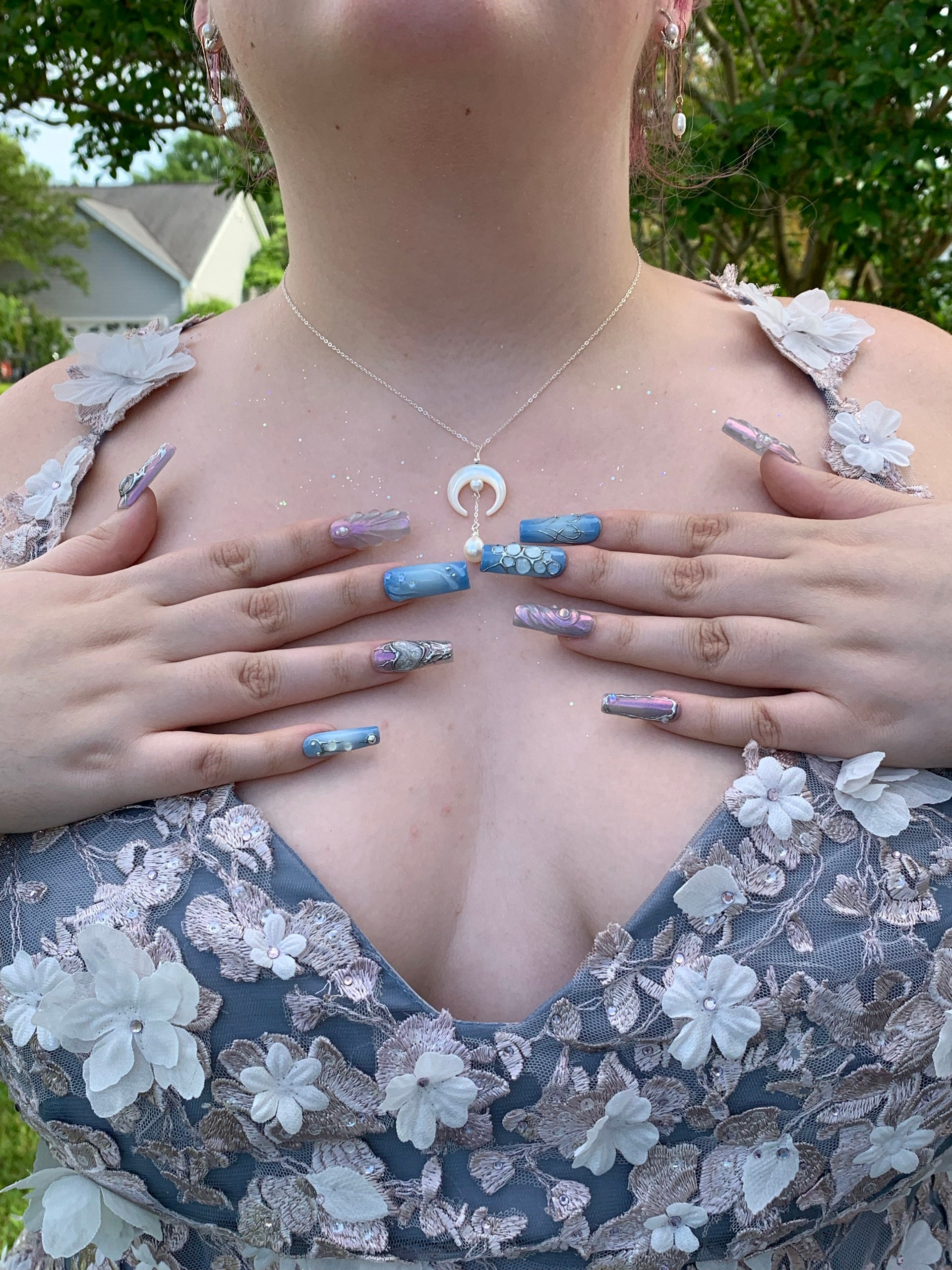 Free Style Blue Mermaid Almond Press On Nails, Handpainted Fake/False Nails, Prom/Event/Birthday Nails, Goth/Gothic/Y2K/Aura Nai