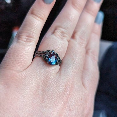 thumbnail image 2 of Oval Lab-Created Alexandrite And Diamond Accent Bypass Swirl Shank Ring In 10K W 2 of 10
